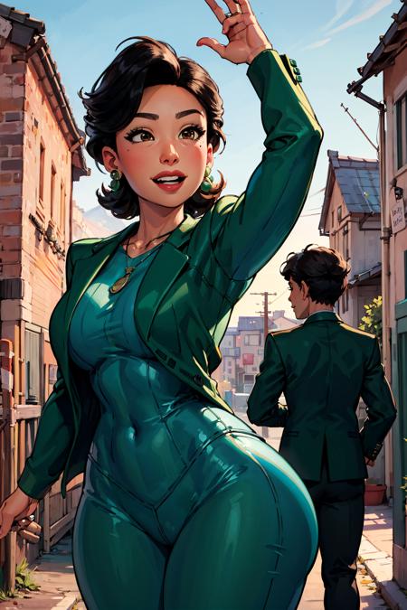00542-667-minglee, 1girl, green jacket, pants, necklace, smiling, (curvy), town, dynamic pose, _lora_Sett_Ming_Lee_0.7_, milf, masterpiece.png